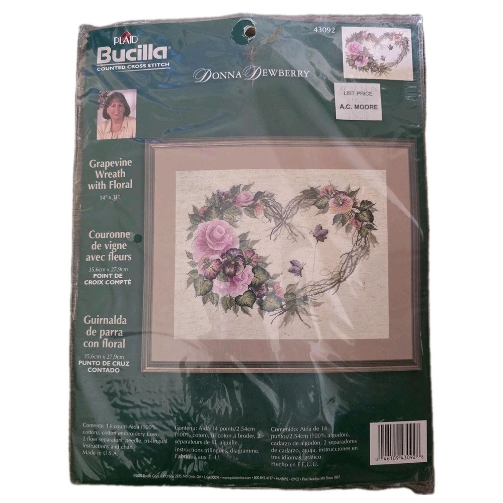 VTG Bucilla Grapevine  Wreath Floral Heart  Counted Cross Stitch Kit 43092 14x11